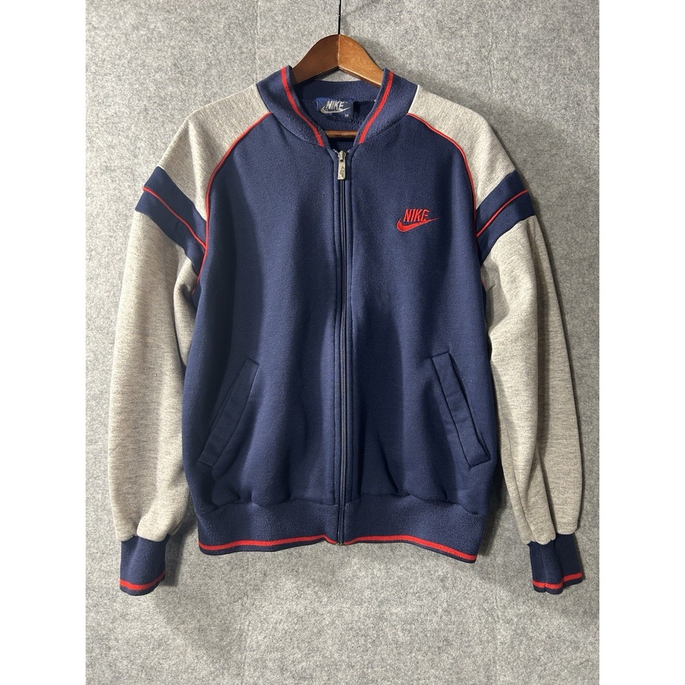 Vintage 1980s Nike Track Jacket Full Zip Navy Gray Red Embroidered Swoosh sz MED